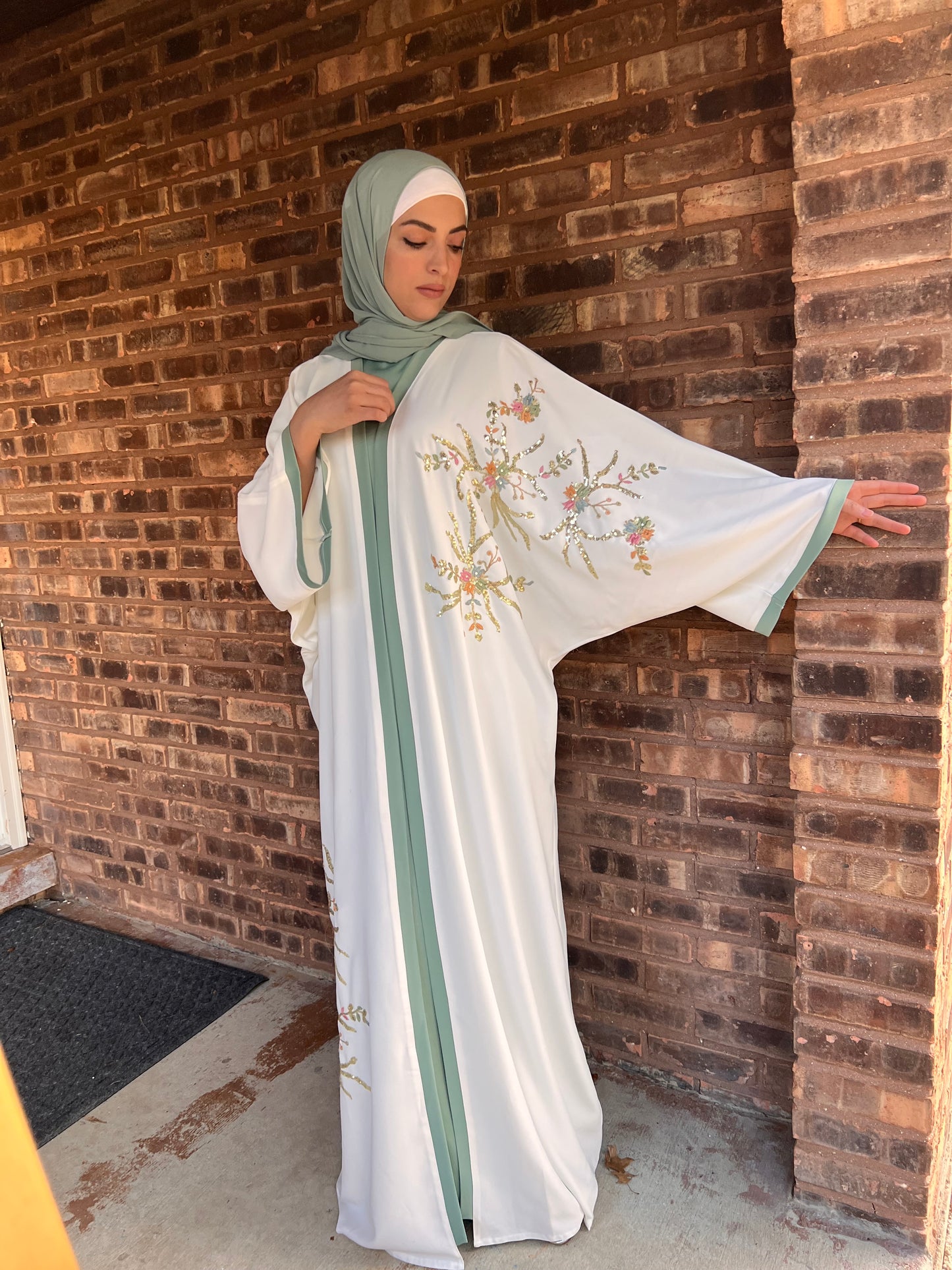 White and green abaya three pieces
