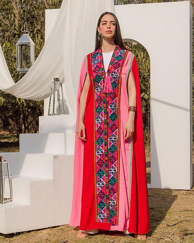 Yasmina double colored embroidery cape Pink & Red