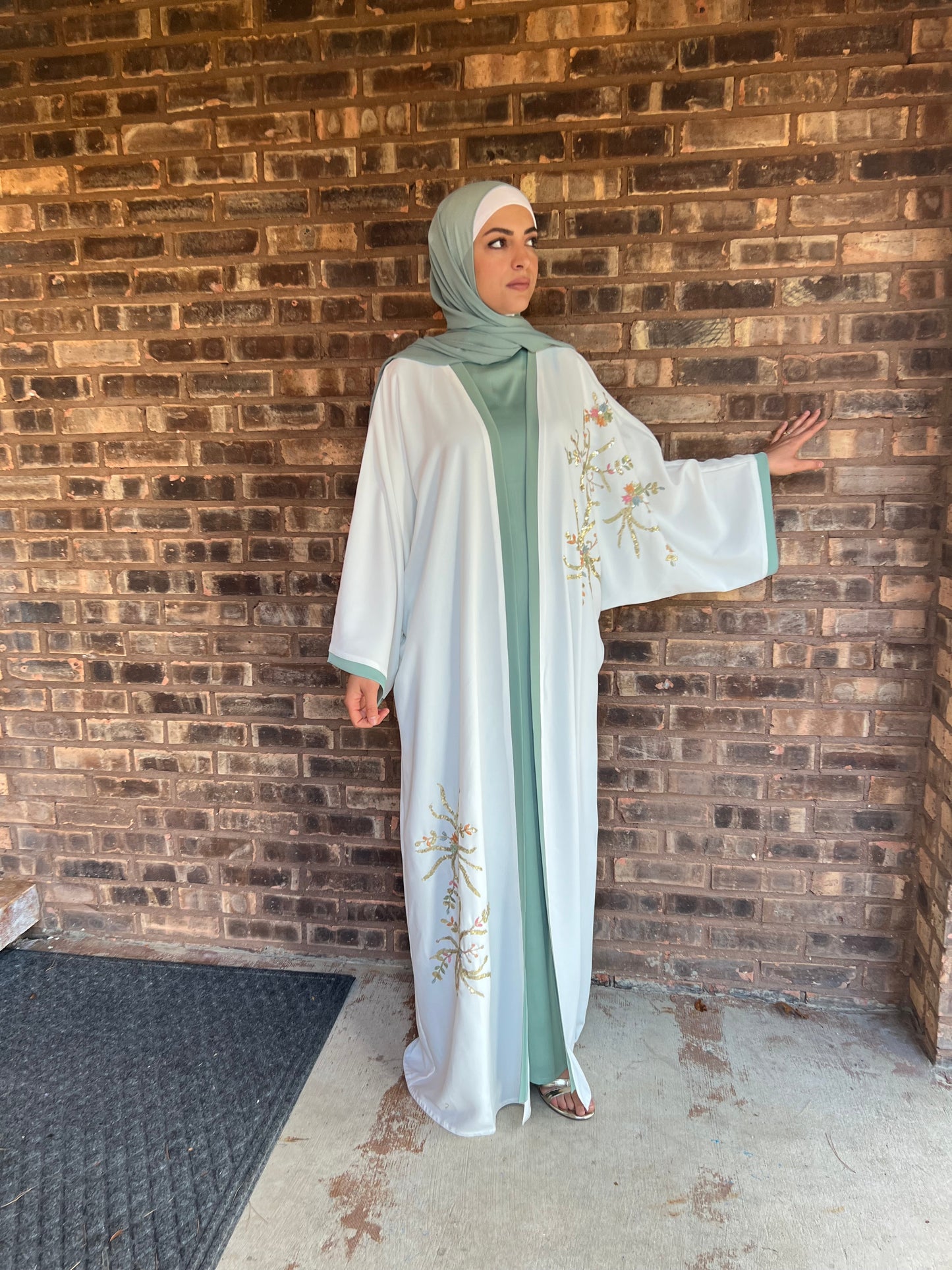 White and green abaya three pieces