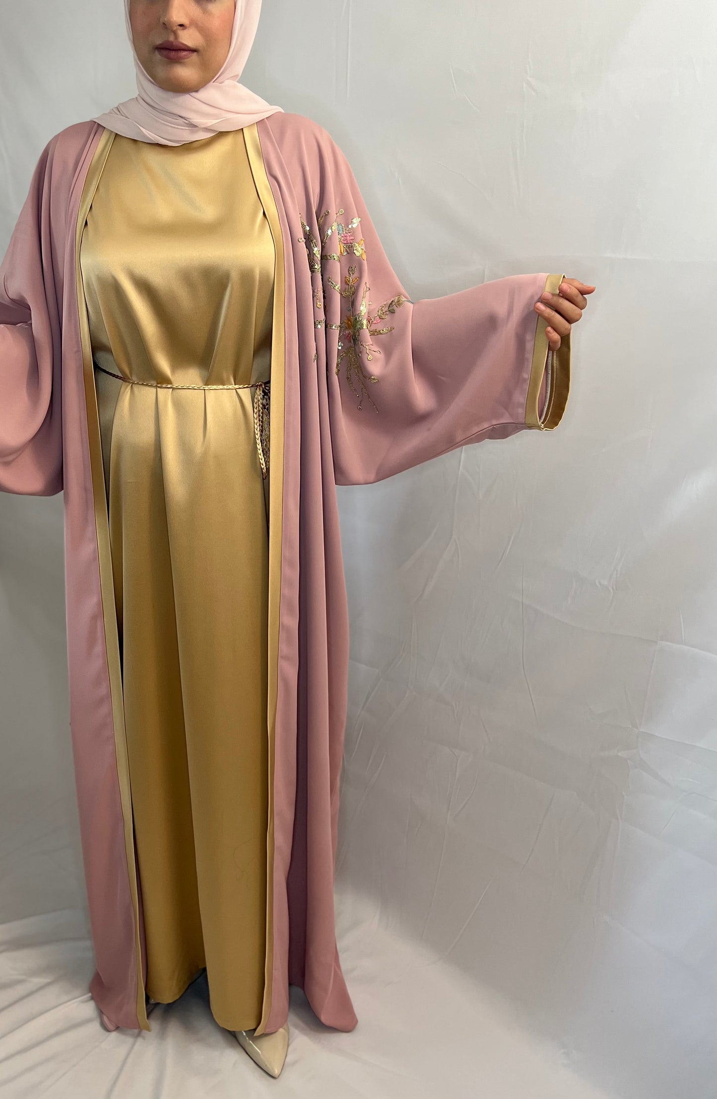 Flamingo Abaya Three Pieces (abaya, underdress,shawl, Belt)