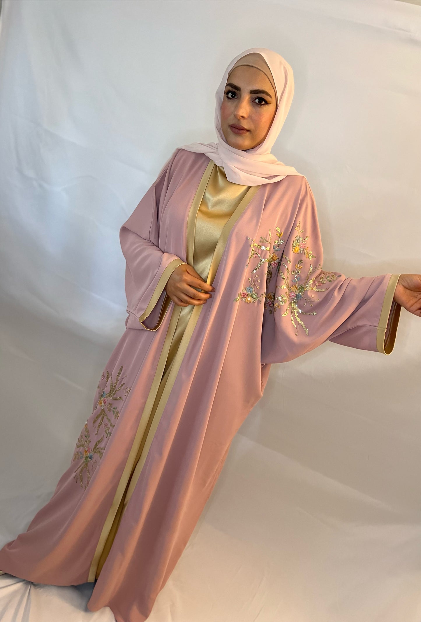 Flamingo Abaya Three Pieces (abaya, underdress,shawl, Belt)