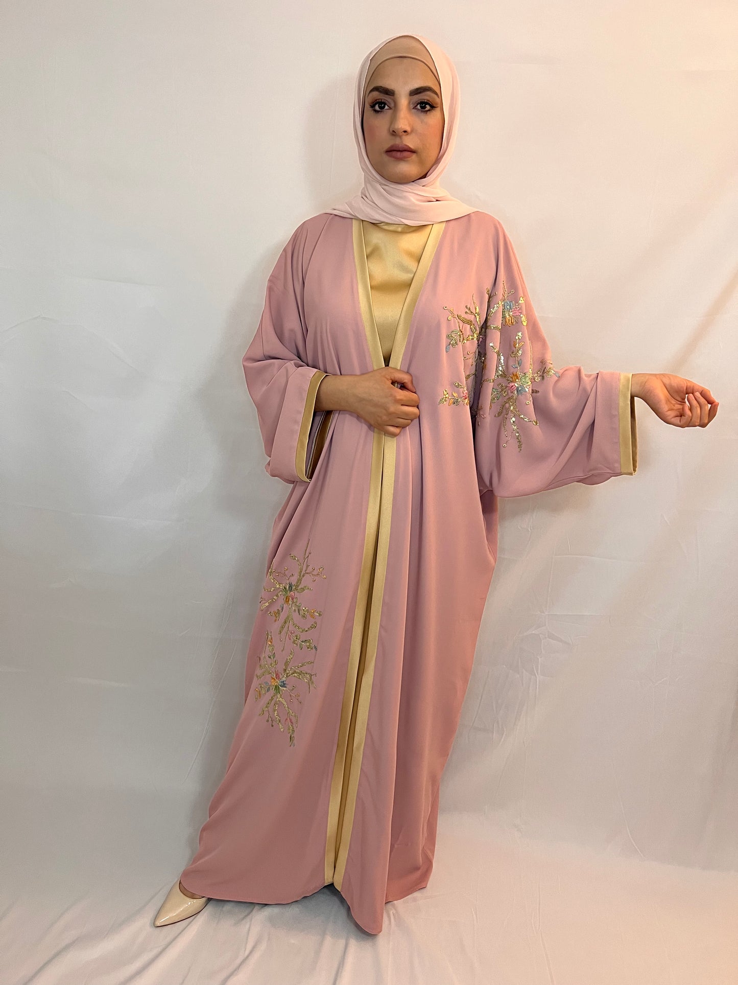 Flamingo Abaya Three Pieces (abaya, underdress,shawl, Belt)