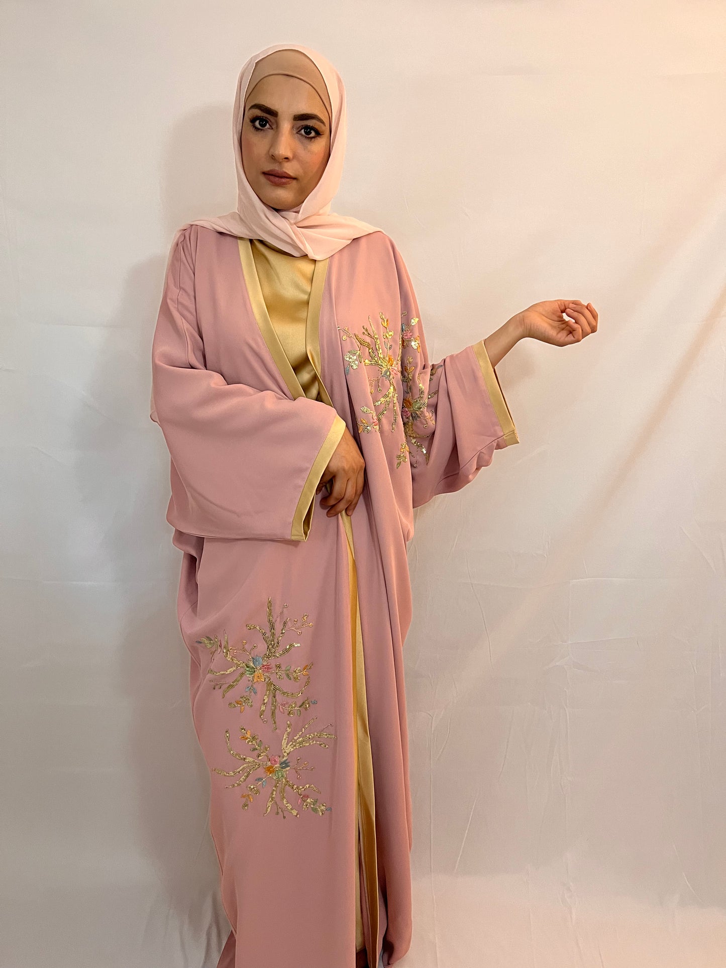 Flamingo Abaya Three Pieces (abaya, underdress,shawl, Belt)